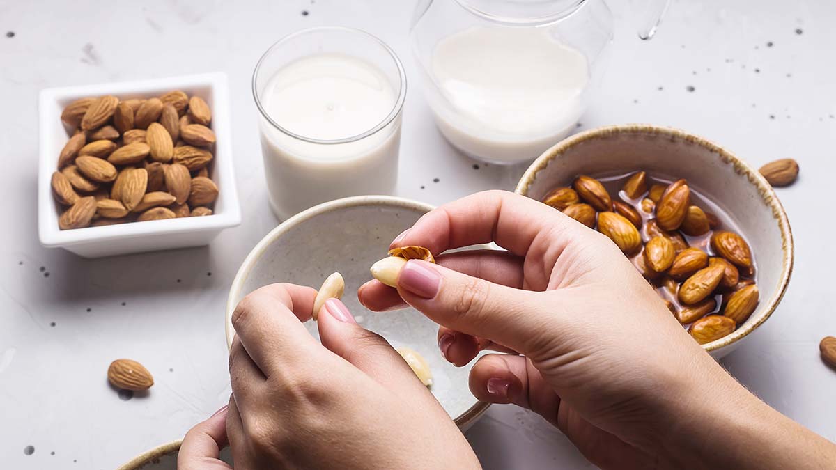 peeling almonds